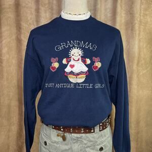Vintage 80s Grandma Antique Little Girls Sweatshirt Embroidered Navy Cottage